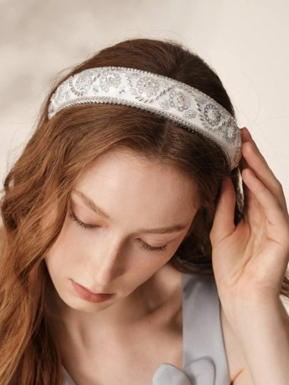 White Sequin Beaded Floral Headband